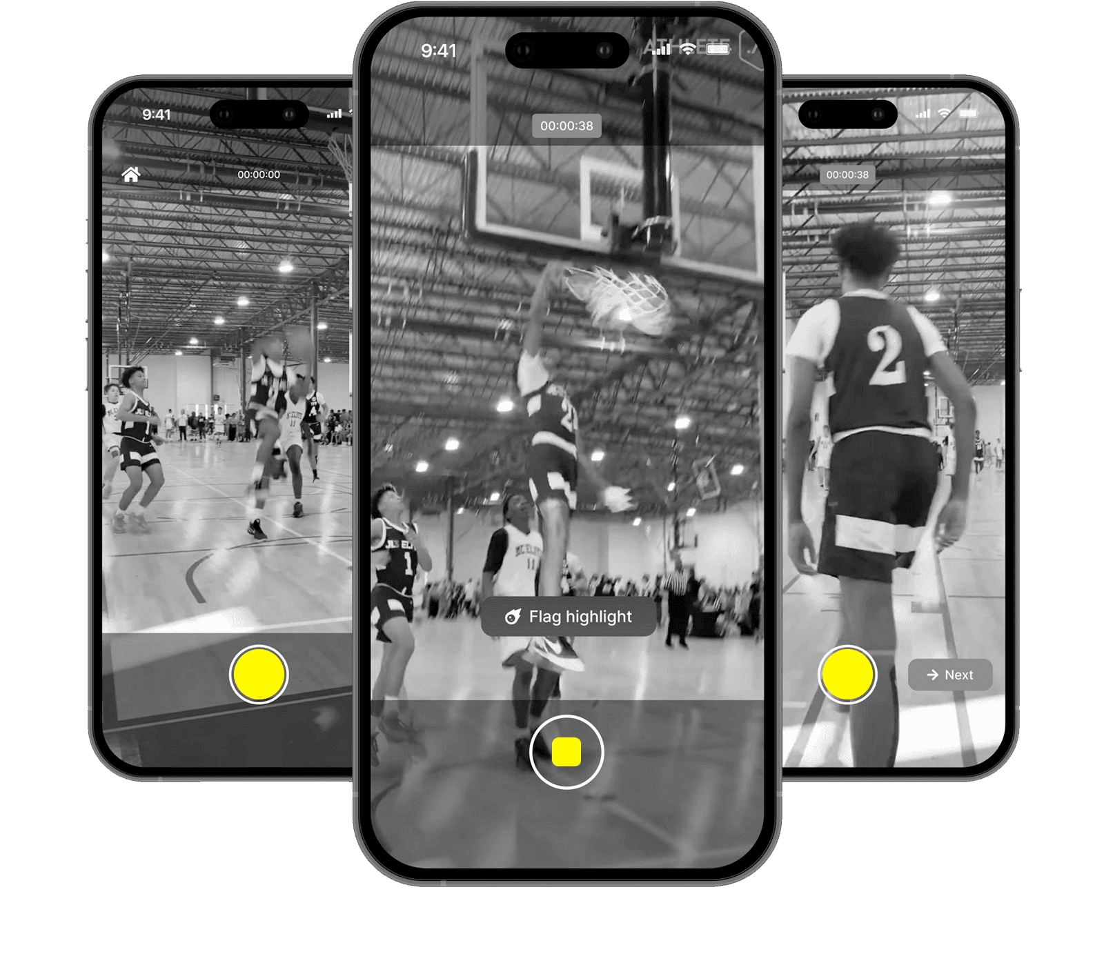 Athlete AI app recording basketball highlights on three phones